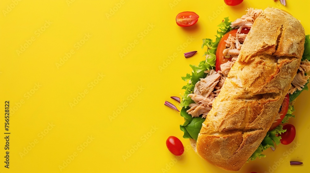 Wall mural tuna sandwich on baguette with lettuce and tomatoes on a vibrant yellow surface