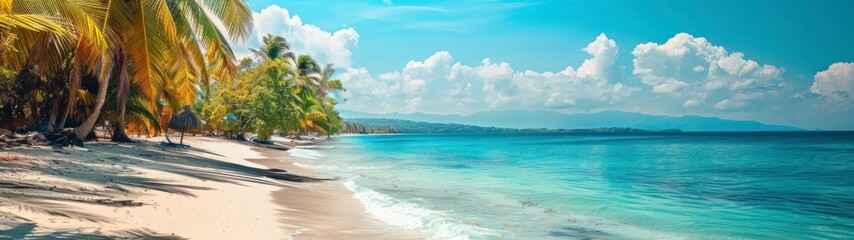 panoramic 32:9 concept paradisiacal beach, summer, seashore - obrazy, fototapety, plakaty