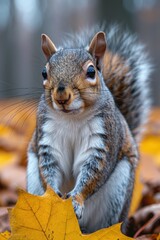 Obraz premium Curious squirrel standing upright with leaf in front