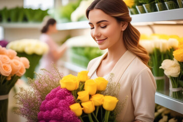 Beautiful girl Florist next to the flowers in the store. The concept of Florist's Day. Place for the text.