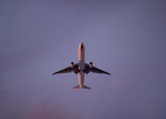 Close-up of Large airliner with passengers is flying on purple sky of bright sunset on sunny summer day. Go Everywhere.