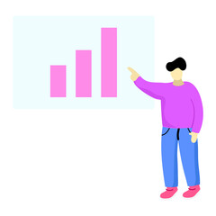 character illustrations making bar chart themed presentations in a company or business, discussing strategy, evaluation meetings