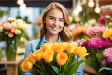 Beautiful girl Florist next to the flowers in the store. The concept of Florist's Day. Place for the text.