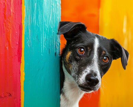 A curious dog peeking from behind a vibrant colorful background