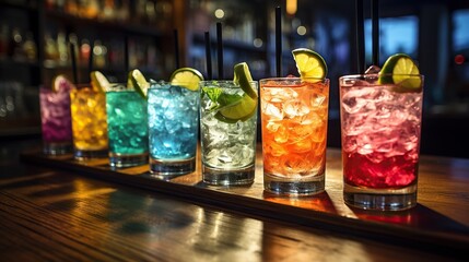 Colorful cocktails on bar table in night club