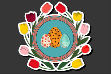 Illustration on theme celebration holiday Easter with hunt colorful bright eggs, banner consisting of hunt different Easter eggs, beautiful Easter eggs are main accessory at abstract background