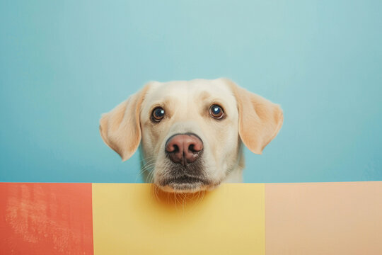 A playful dogs face gently emerging over a lively pastel backdrop
