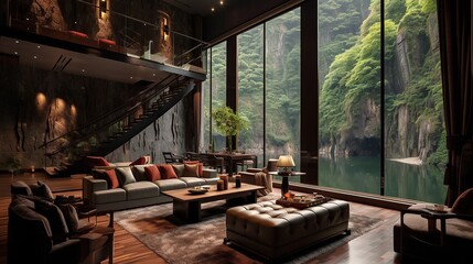 Fototapeta premium Luxury living room interior with glass wall and wooden floor