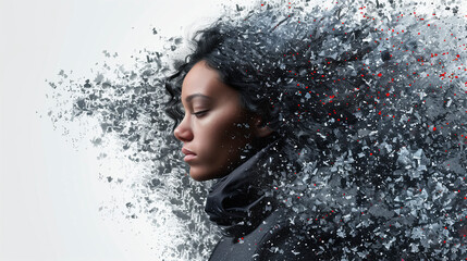 Evolving Essence - A woman's visage fractures into a digital constellation, embodying the shift to a digital being.