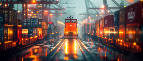 A cargo train illuminated at dusk, surrounded by freight containers.
