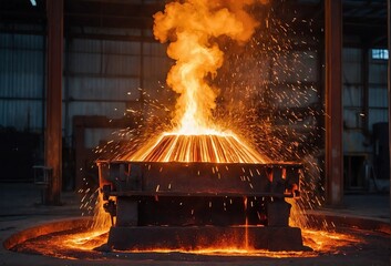 Burning threw before pouring for special forms. The hot slag of the copper is pouring to the large melting pot