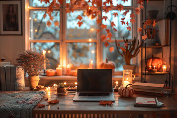 Home office desk with open laptop, seasonal decor like candles, flowers, pumpkins. grid mood board with fall colors palette. Autumn inspiration and cozy mood. Hygge home fall decor. Selective focus - obrazy, fototapety, plakaty