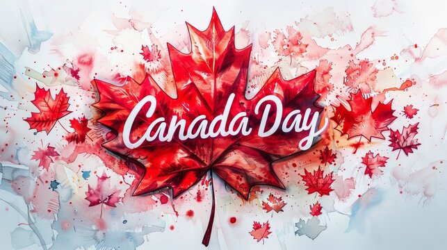 Happy Canada day background with watercolor splashes in flag colors and maple leaf. Grunge Canadian flag. Template for invitation, poster, flyer, banner, etc.