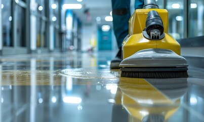 Floor cleaning machine for shiny tiled floors in the office. Professional cleaning equipment concept. Design of banner, poster and advertisement for cleaning services. Close-up of copy space.