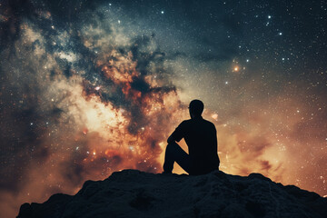 Silhouetted Individual Contemplating Expansive Universe, Symbolizing Inner Potential and Cosmic Connection