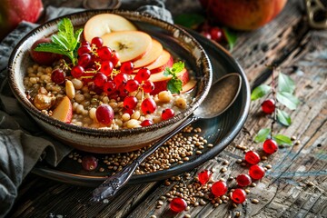 Buckwheat porridge with fruit in a bowl on a wooden table.