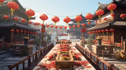 Fotobehang Chinese traditional style interior with chinese lanterns and wooden table © Daisha