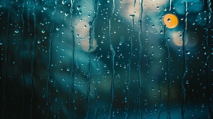 A calming scene of rain falling on a window, representing the soothing nature of ambient sounds for mental relaxation. - obrazy, fototapety, plakaty