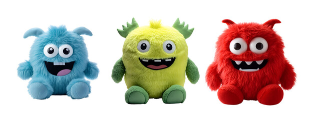 Obraz premium Set of Cute Colorful 3D Illustrated Monster Stuffed Animal Toys, Isolated on Transparent Background, PNG