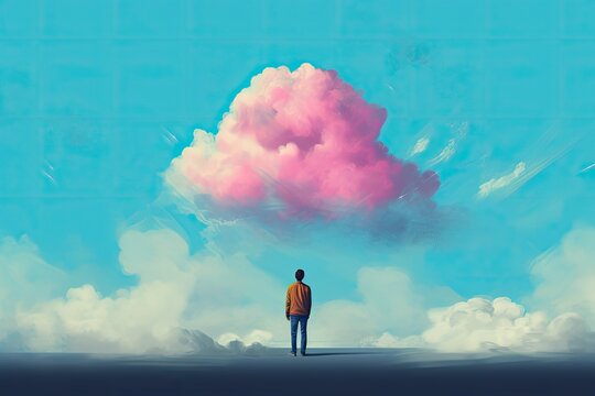Person with Cloud of Smoke Overhead. Abstract Representation of Loneliness and Depression, Sadness, Unhappiness, Solitude, and Anxiety, Isolated on Colorful Background