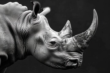 A majestic rhinoceros is featured in a striking black and white composition