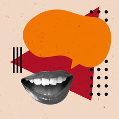 Speech Bubble Creative Art Collage. Surreal Concept Illustration. Talking Mouth Modern Design....