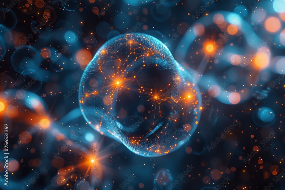 Poster representing a complex network, this image features glowing lines connecting nodes against a deep bl