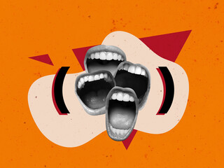 Speech Bubble Creative Art Collage. Surreal Concept Illustration. Talking Mouth Modern Design....