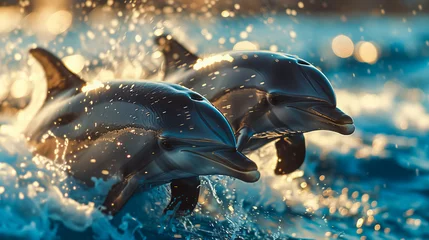 Fotobehang Dolphin Jumps Amidst Aquatic Life © EwaStudio