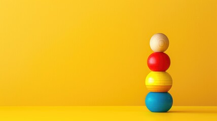 Stack of multicolored wooden spheres on a bright yellow base