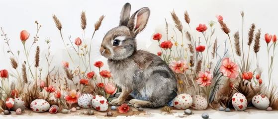 Foto op Aluminium Cute Bunny and Easter Eggs in Floral Meadow Watercolor Illustration. Easter Artistic Decorative Background. Invitation and Greeting Card Template. © Creative Journey