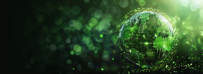 global ball on bokeh black background. Ai technology and digital signal network on world map background. Ai technology and sustainability business concept.