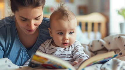 Obraz premium Mother and baby enjoying a colorful storybook together