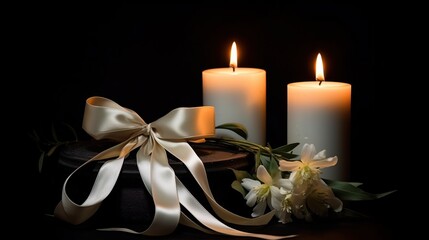 Burning candles with a white ribbon and a bow on a black background