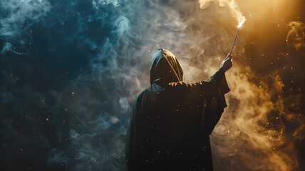 Mysterious figure casting spells surrounded by magical smoke and sparks - obrazy, fototapety, plakaty