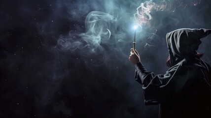 A mysterious figure wields a glowing wand amidst swirling smoke, invoking a magical aura