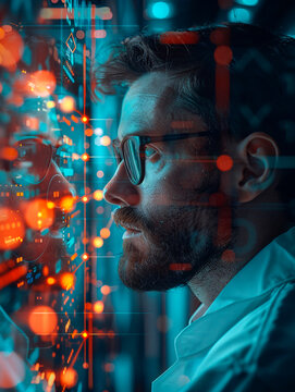 Intriguing image of a man with futuristic technology interface projections on his face and surrounding