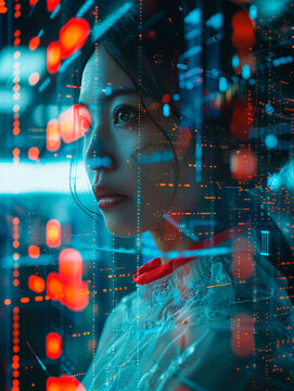 Futuristic woman surrounded by data interfaces and cyber elements in a neon-lit scene