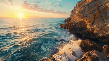 A coastal cliff at sunrise, with waves crashing against the rocks, creating a dramatic and...