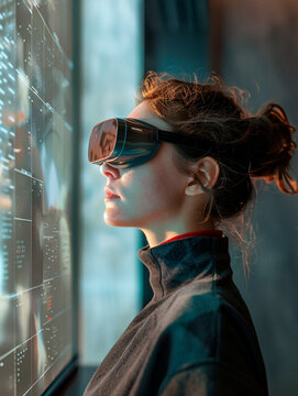 A focused woman in front of a glowing data interface, denoting information analysis or futuristic technology