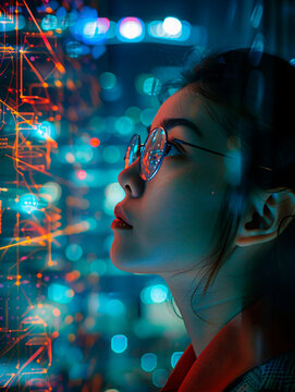 A mysterious atmosphere emanates as a woman is surrounded by a network of glowing data cables and lights