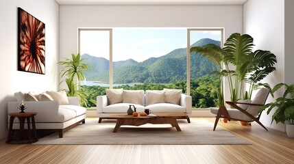 Modern living room interior design with sofa and plant - 3D Rendering