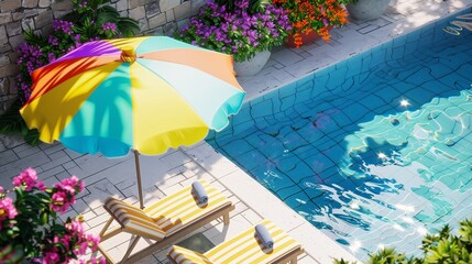 Fototapeta na wymiar A colorful umbrella casting a shadow on a pristine poolside deck, surrounded by lounge chairs and vibrant summer flowers.