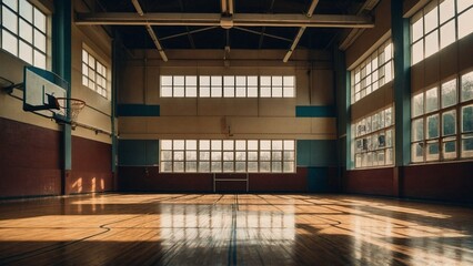 An empty interior of a court in a school with sunlight flooding in from the windows