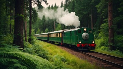 Obraz premium Envision a train rushing through the heart of a vibrant green forest, capturing the dynamic energy of travel amid nature's splendour.