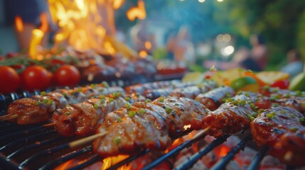 A delicious spread of barbecue food sizzling on a grill in a backyard filled with friends and family. - obrazy, fototapety, plakaty