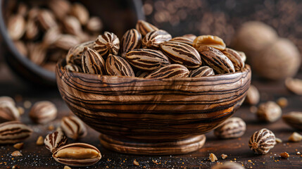 Roasted striped peanuts wooden bowl