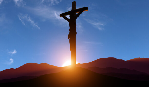 Crucifixion of Jesus Christ. Cross at sunset. 3d illustration