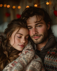Cozy Valentine's Day setting, father and daughter eyes open, lying down in bed, sharing stories and laughter, the room adorned with subtle Valentine's decor, in a lifelike photographic style