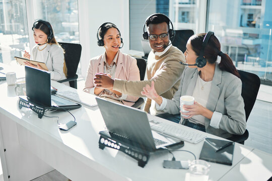 Call center, staff group and talk at help desk with laptop, telemarketing or voip tech with problem solving. Women, man and customer service agent for contact us, technical support or consulting team
